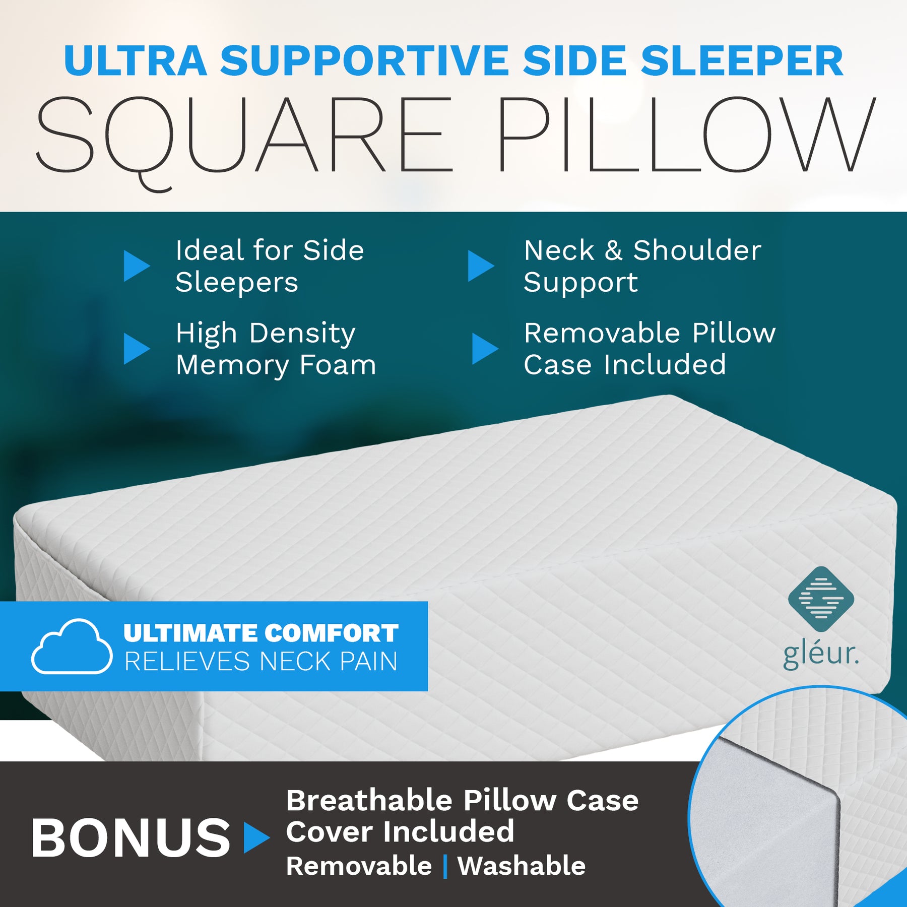 Square Side Sleeper Pillow - Pain Free Sleep | Thin - 4 inch | Pillow Cube